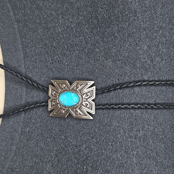 Western Style Silver and Blue Bolo Tie with Turquoise Pendant - Picture 3 of 6